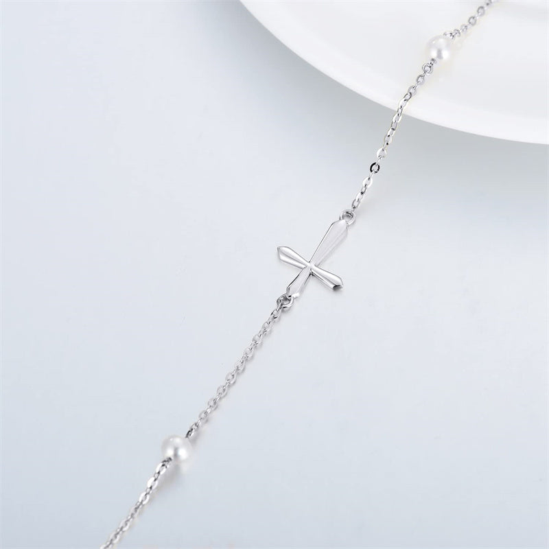 14k Gold Pearl Cross Single Layer Anklet