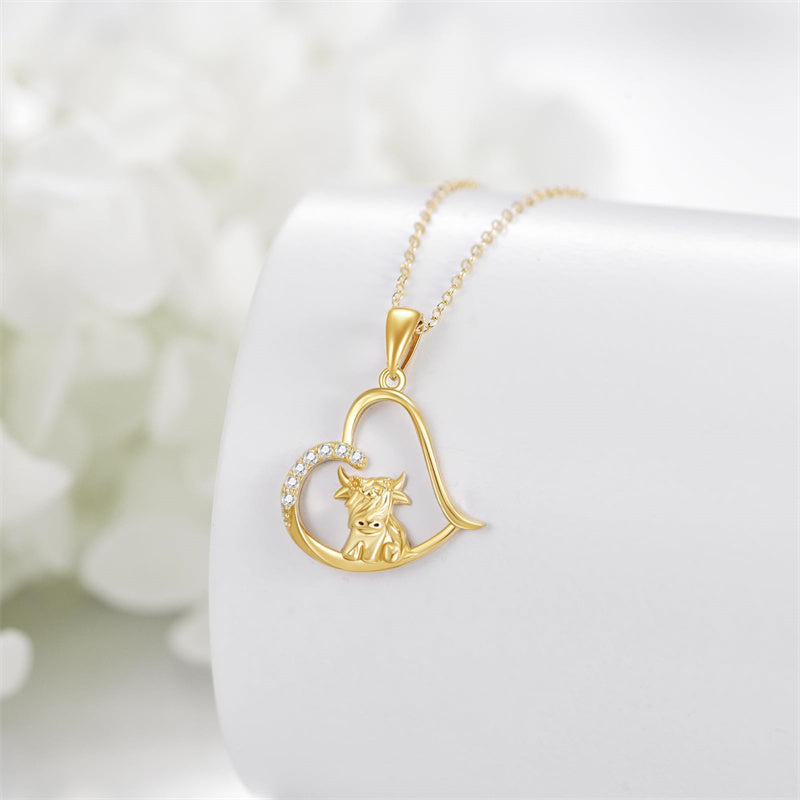 14K Gold Heart Highland Cow Pendant Necklace