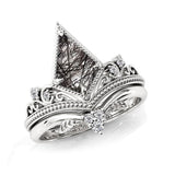 Sterling Silver 10K 14K 18K Personalized Engraved 2CT Natural Black Rutilated Quartz Engagement Ring Set