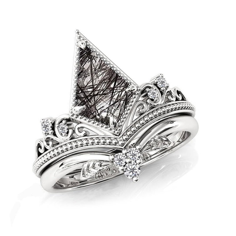 Sterling Silver 10K 14K 18K Personalized Engraved 2CT Natural Black Rutilated Quartz Engagement Ring Set