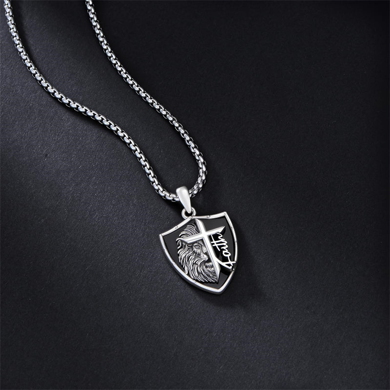 Sterling Silver Faith Bible Lion Pendant Necklace for Men
