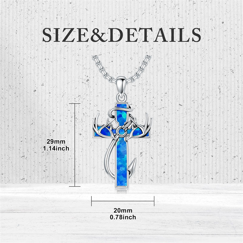 Sterling Silver Fish Hook Cross Pendant Necklace for Men