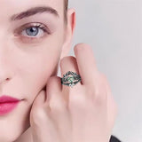 Sterling Silver Black Heart Moss Agate Engagement Wedding Ring Set for Women