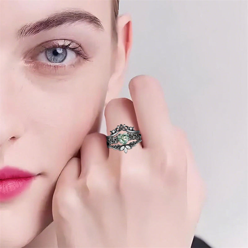 Sterling Silver Black Heart Moss Agate Engagement Wedding Ring Set for Women