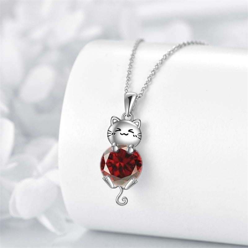 Silver Cat 12 Month Birthstone Pendant Necklace