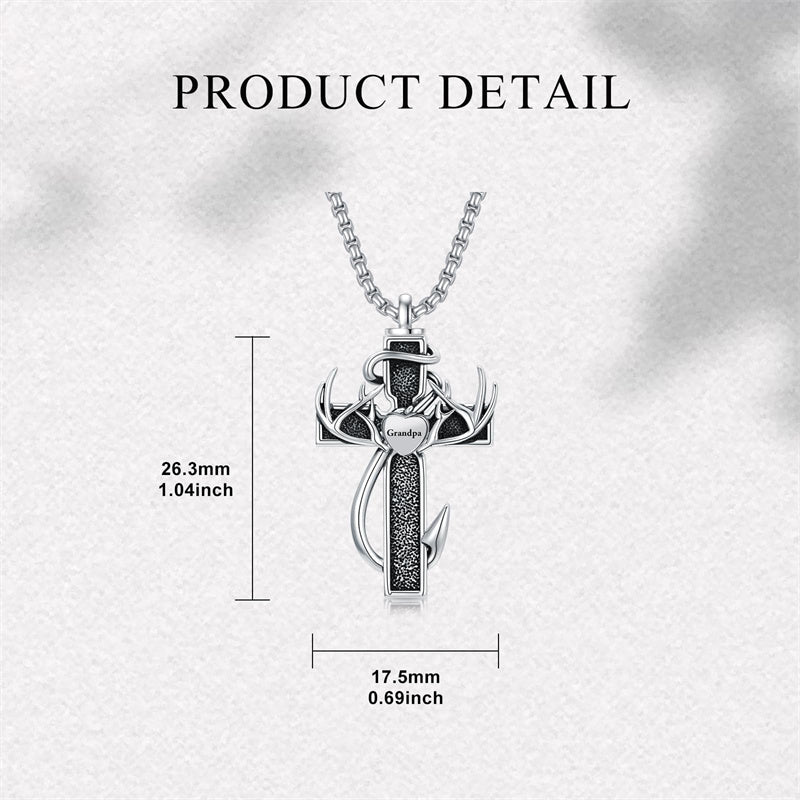 Sterling Silver Deer Antler Fish Hook & Cross Urn Necklace for Ashes