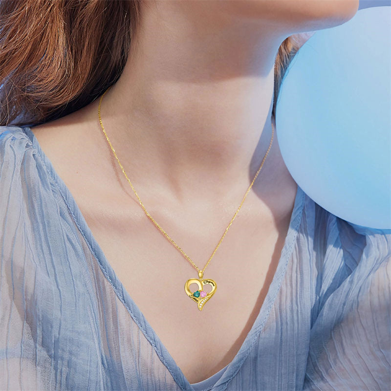 10K 14K 18K Gold Personalized 2 Birthstone Engravd Heart Pendant Necklace