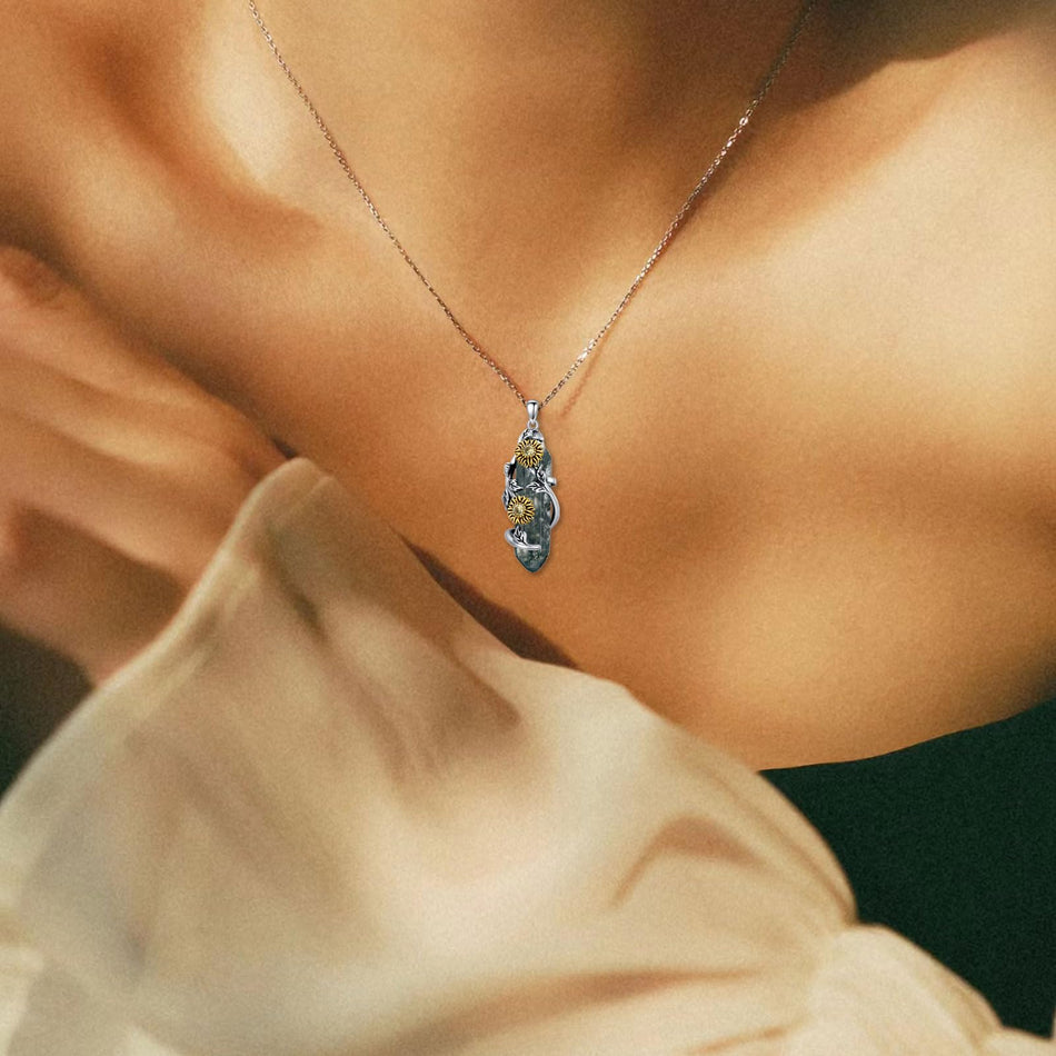 Sterling Silver Moss Agate Sunflower Pendant Necklace