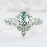 Sterling Silver 10K 14K 18K Gold  Personalized  Engraved Natural Moss Agate Engagement Bridal Wedding Ring Set