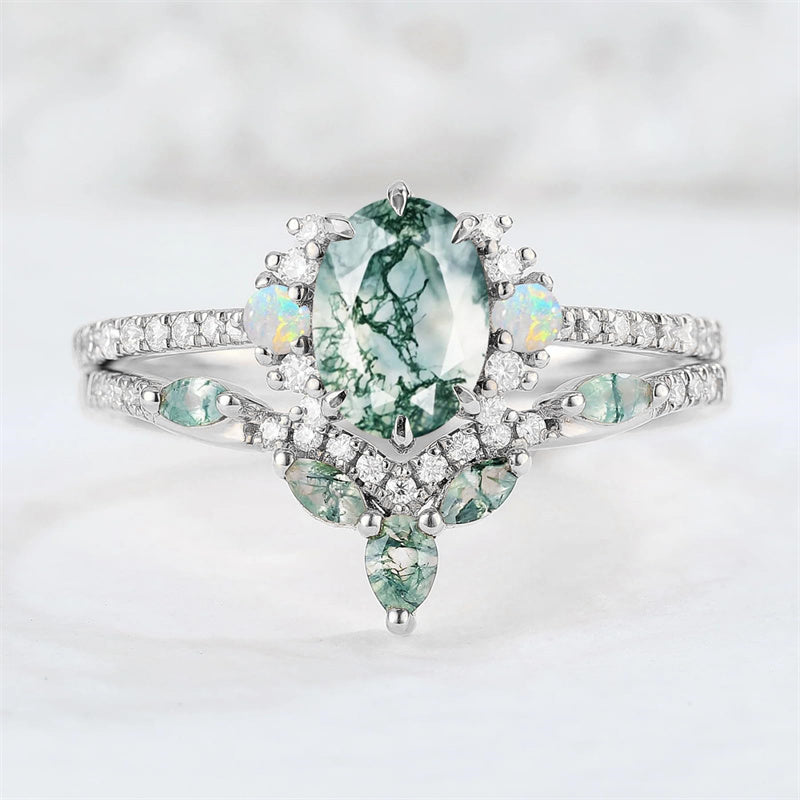Sterling Silver 10K 14K 18K Gold  Personalized  Engraved Natural Moss Agate Engagement Bridal Wedding Ring Set
