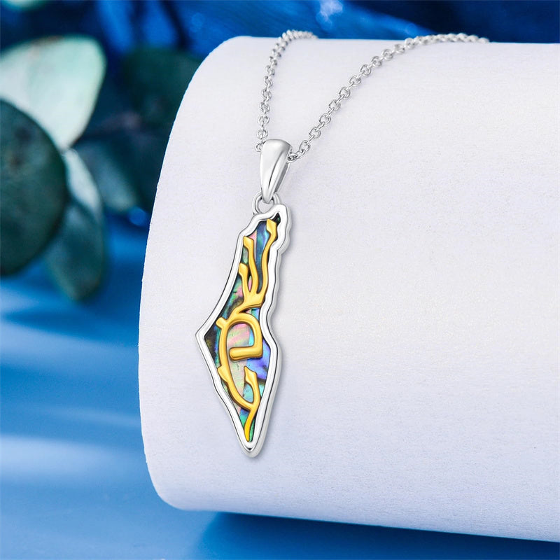 Sterling Silver Abalone Israel Map Pendant Necklace