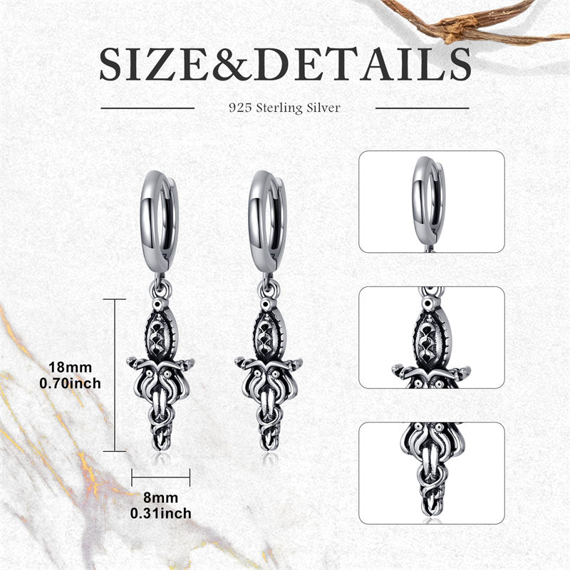 Sterling Silver Medieval Sword Dangle Cross Knives  Ankh Drop Earrings
