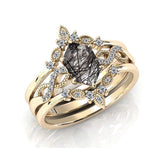 Sterling Silver 10K 14K 18K Personalized Engraved 2CT Natural Black Rutilated Quartz Engagement Ring Set