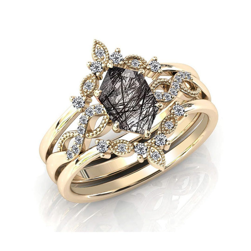 Sterling Silver 10K 14K 18K Personalized Engraved 2CT Natural Black Rutilated Quartz Engagement Ring Set