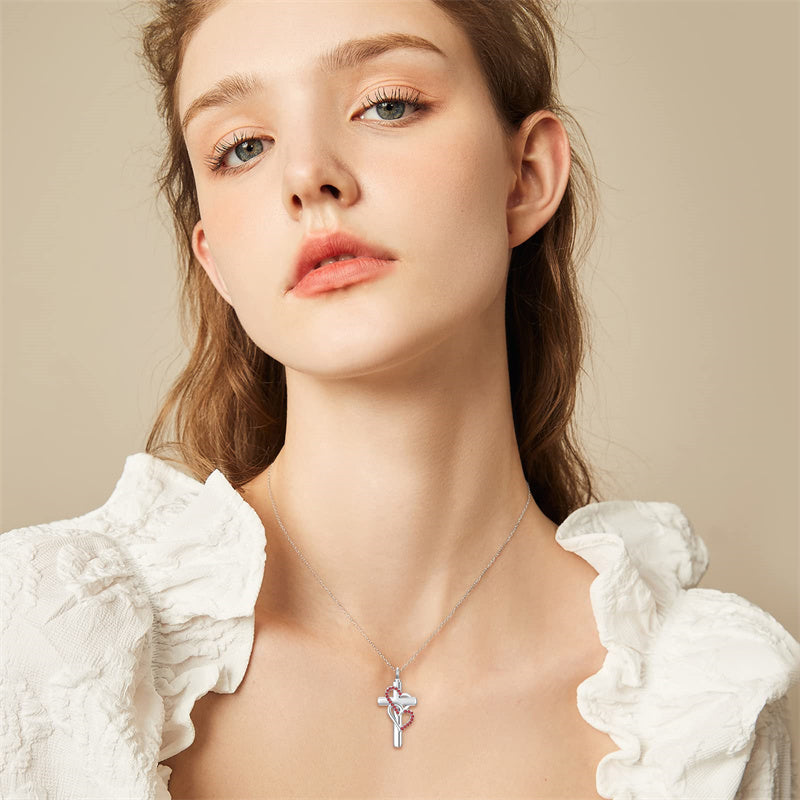 Sterling Silver Birthstone Cross Urn Necklace for Ashes