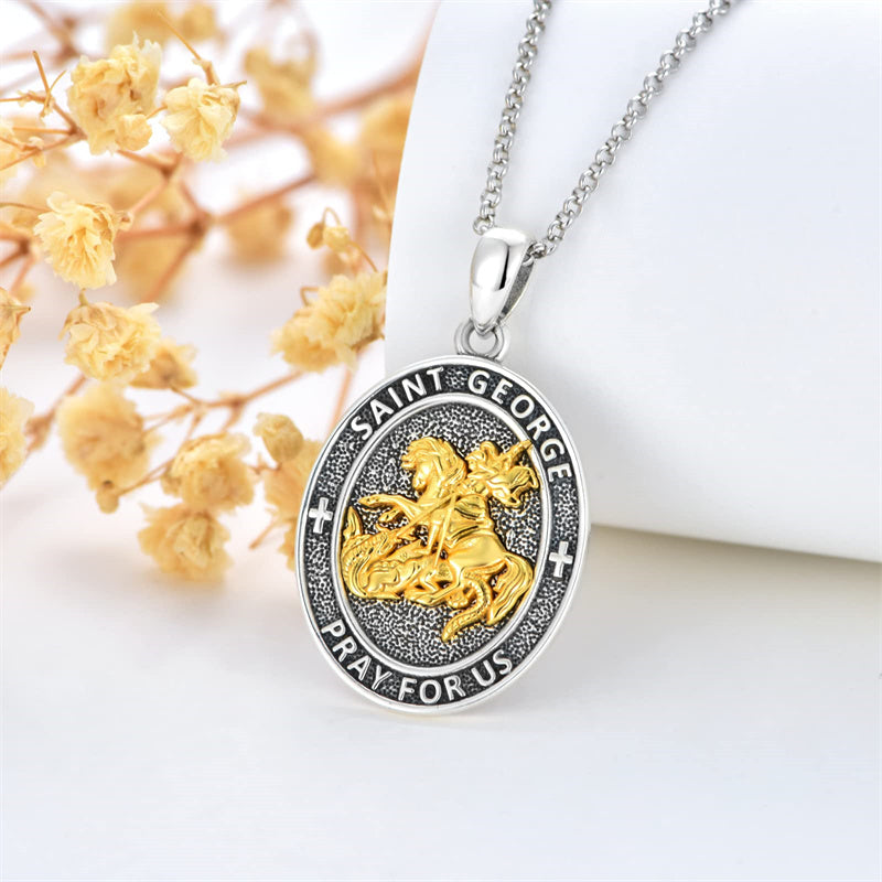 Sterling Silver St. George Dragon Slayer Pendant Necklace