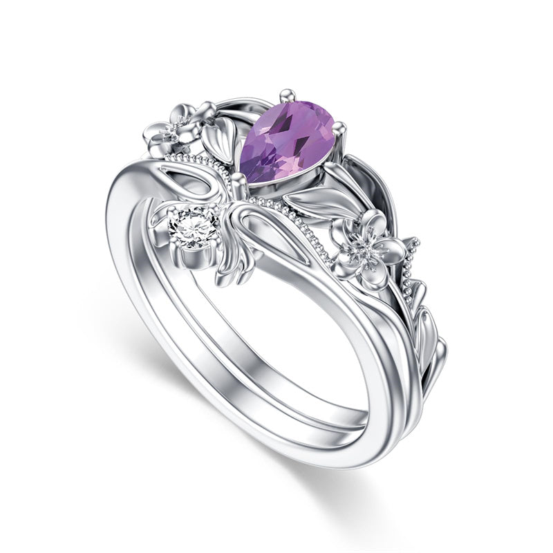 Sterling Silver Pear Shaped Gemstone Engagement Rings Set for Women