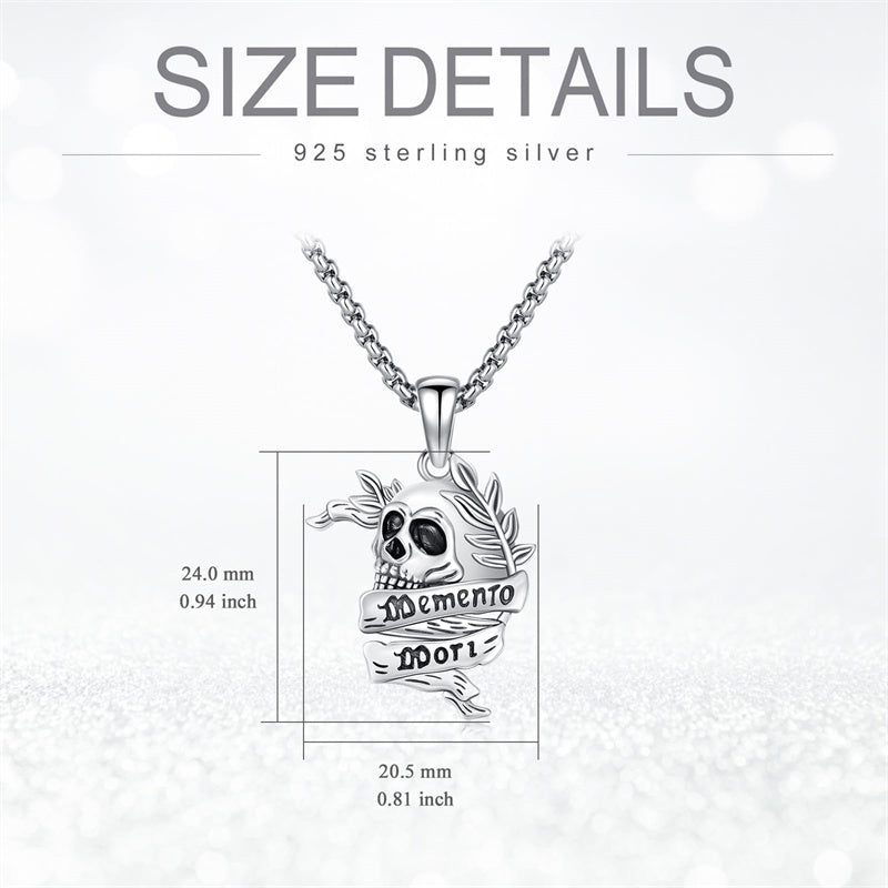 Sterling Silver Memento Mori Gothic Skull Amulet Pendant Necklace for Men