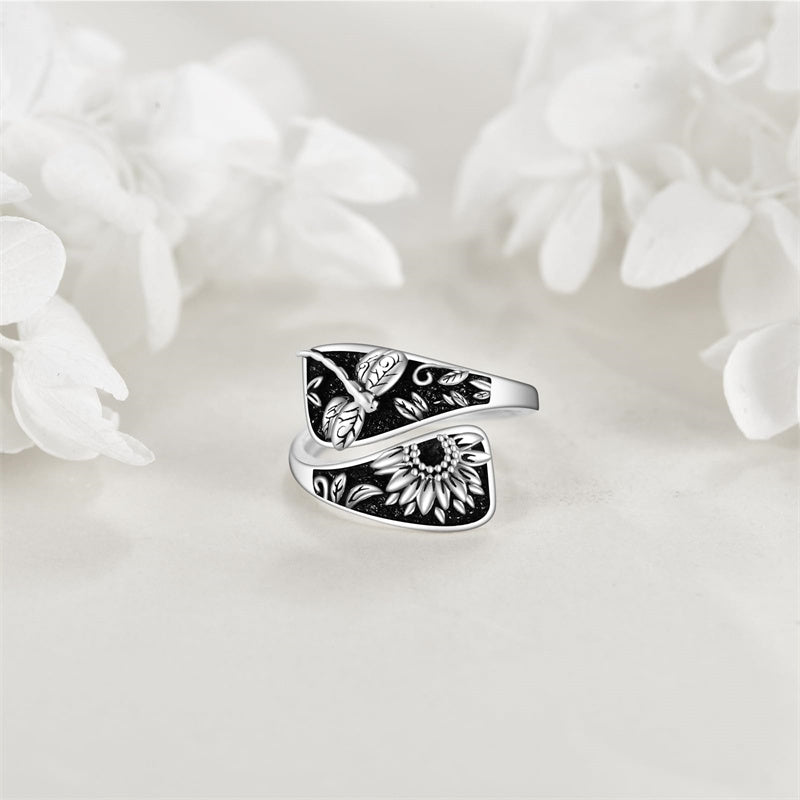 Sterling Silver Sunflower Dragonfly Spoon Ring for Women