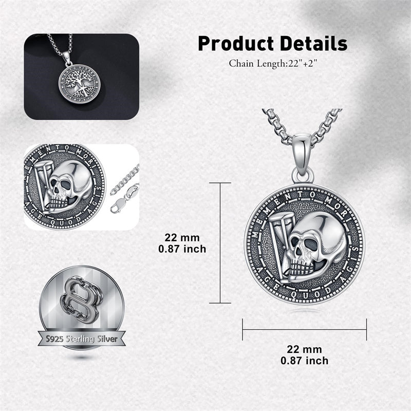 Sterling Silver Memento Mori Gothic Skull Amulet Pendant Necklace for Men