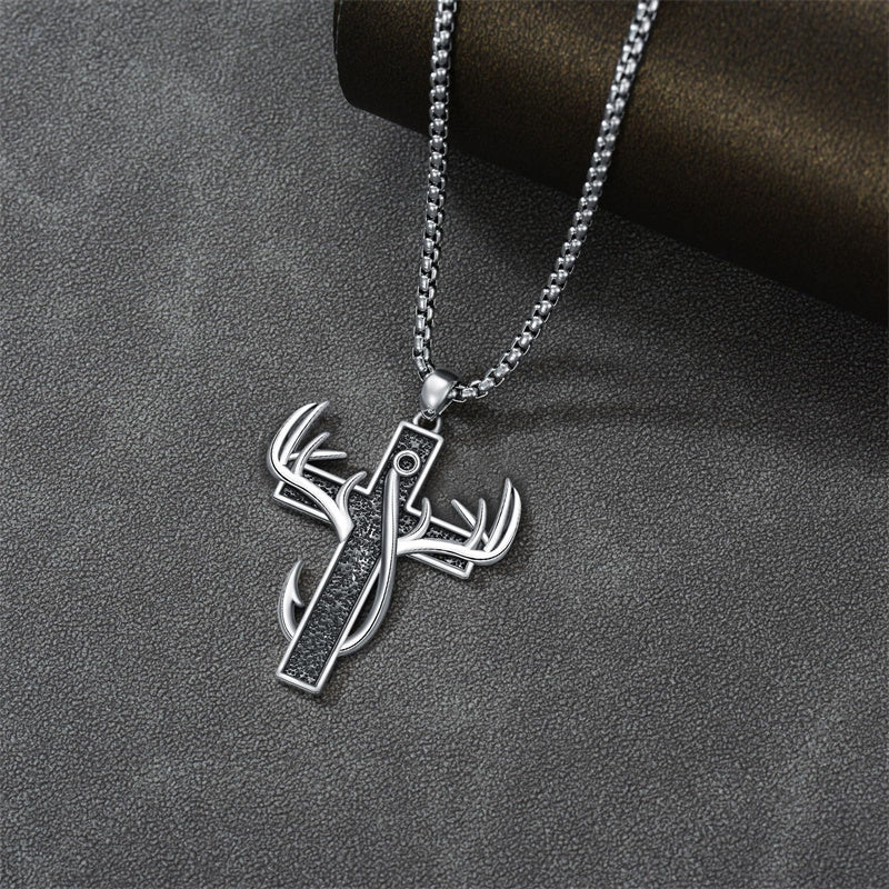 Sterling Silver Fish Hook Cross Pendant Necklace for Men