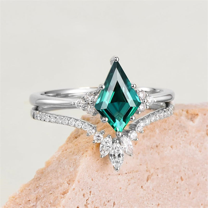 Sterling Silver 10K 14K 18K Gold Kite Cut Gemstone Wedding Ring Set