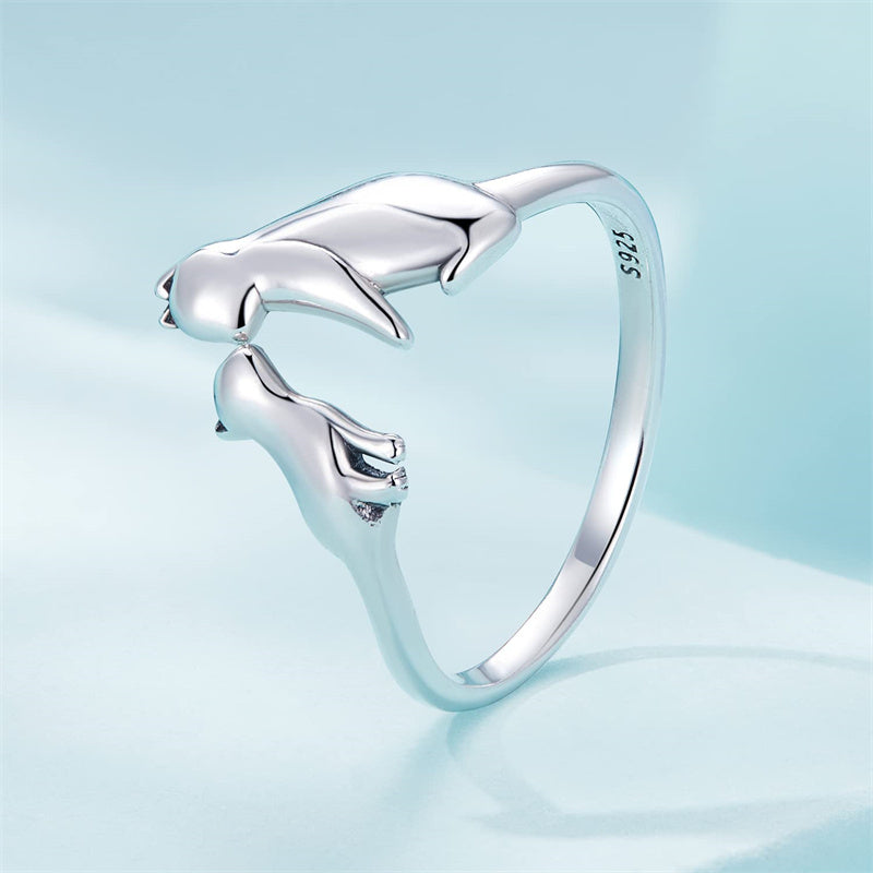 Sterling Silver Cute Cat Adjustable Ring for Women