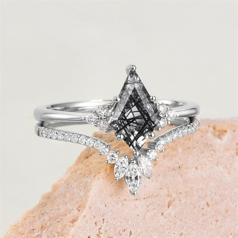 Sterling Silver 10K 14K 18K Gold Kite Cut Gemstone Wedding Ring Set