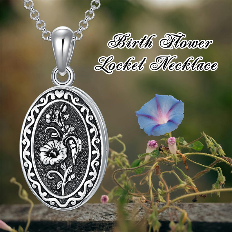 Sterling Silver Personalized Photo 12 Month Birth Flower Pendant Necklace
