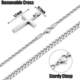 Sterling Silver Layered Cross Necklace for Men with Stainless Steel Cuban Link Rope Chain