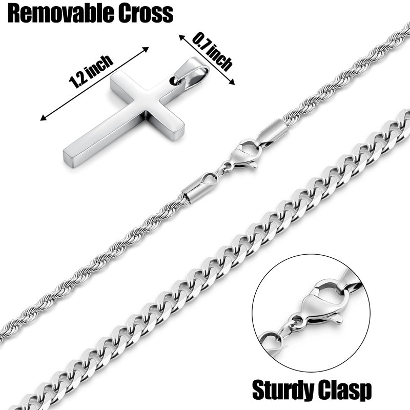 Sterling Silver Layered Cross Necklace for Men with Stainless Steel Cuban Link Rope Chain