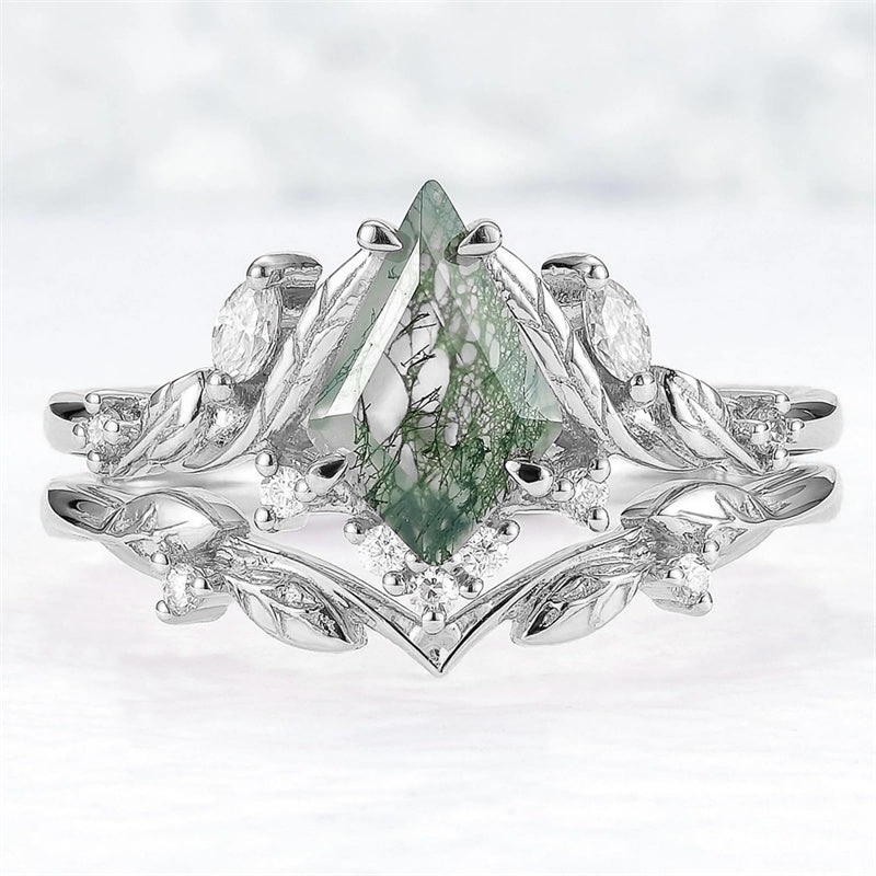 Sterling Silver 10K 14K 18K Gold  Personalized  Engraved Natural Moss Agate Engagement Bridal Wedding Ring Set