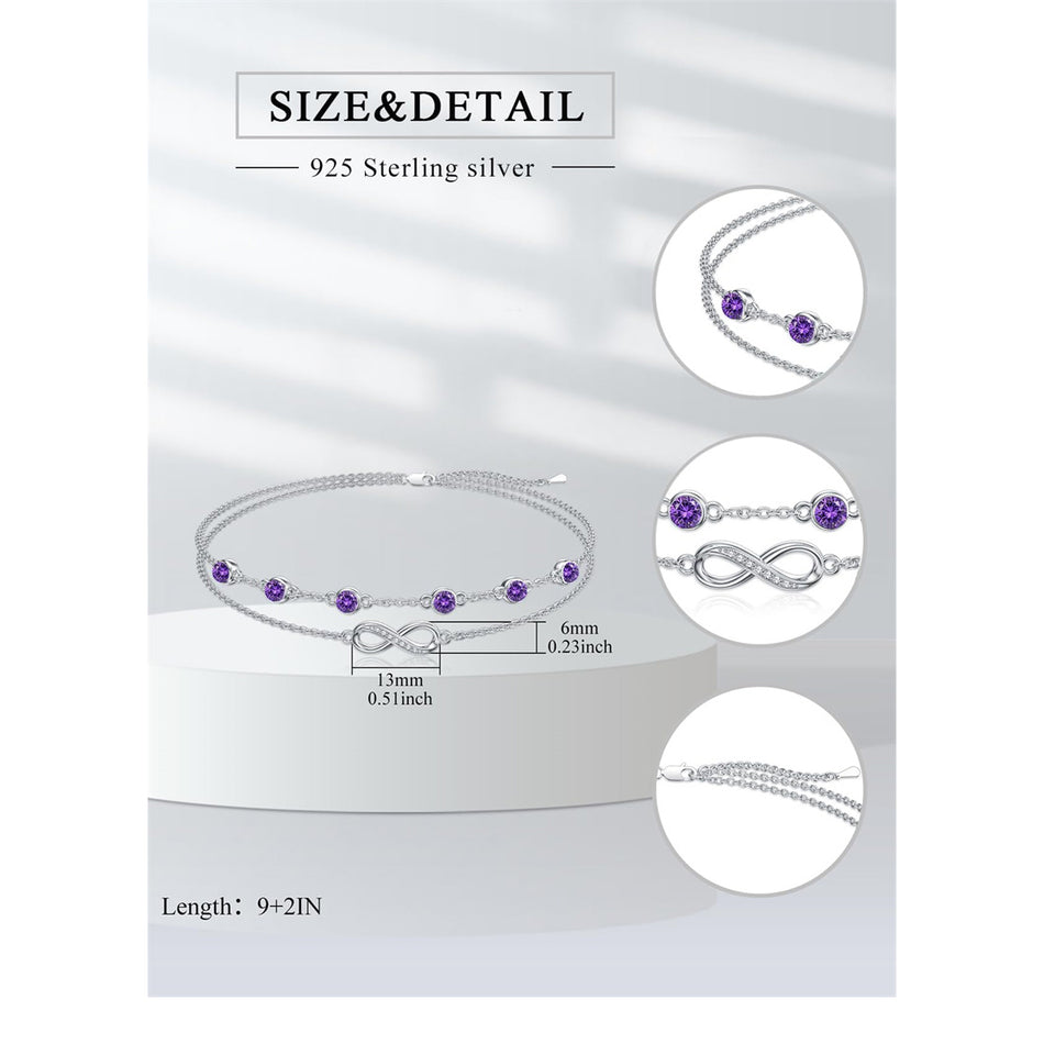 Sterling Silver Birthstone Infinity Multi-layered Anklet