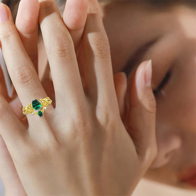 Sterling Silver 10K 14K 18K Gold Pear Cut Gemstone Leaf  Engagement Ring Set