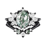 Sterling Silver Personalized  Engraved  Oval Cut Moss Agate Engagement Wedding Ring Set for Women