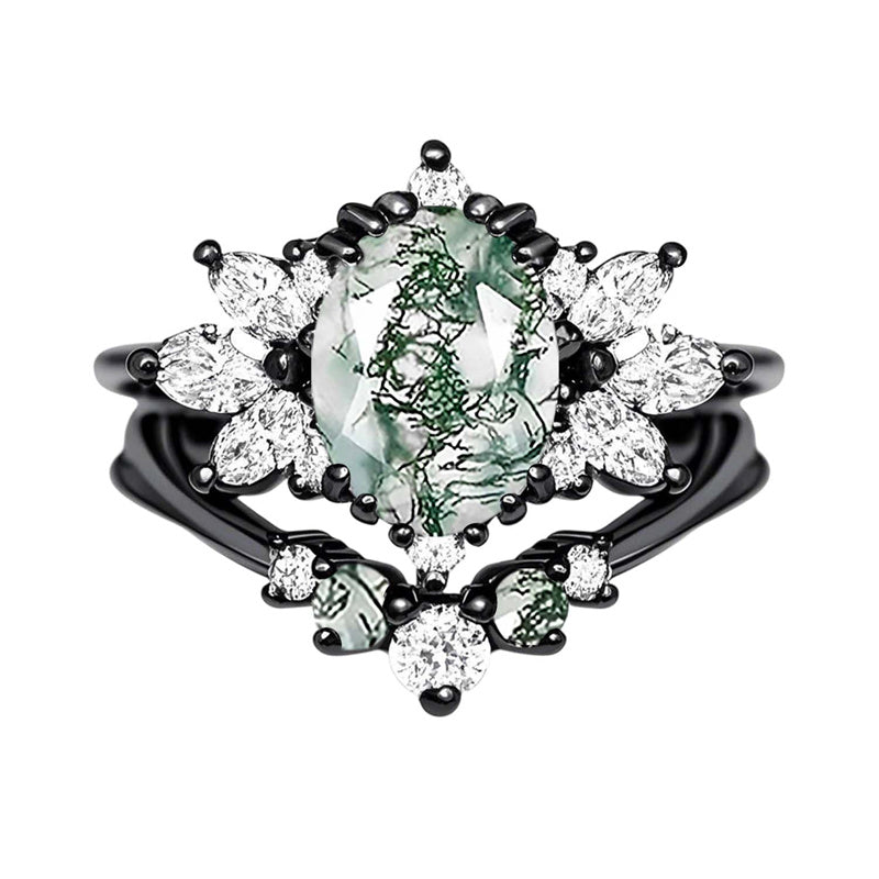 Sterling Silver Personalized  Engraved  Oval Cut Moss Agate Engagement Wedding Ring Set for Women
