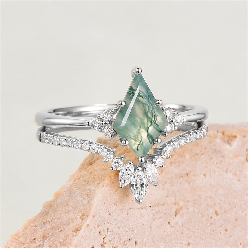 Sterling Silver 10K 14K 18K Gold Kite Cut Gemstone Wedding Ring Set