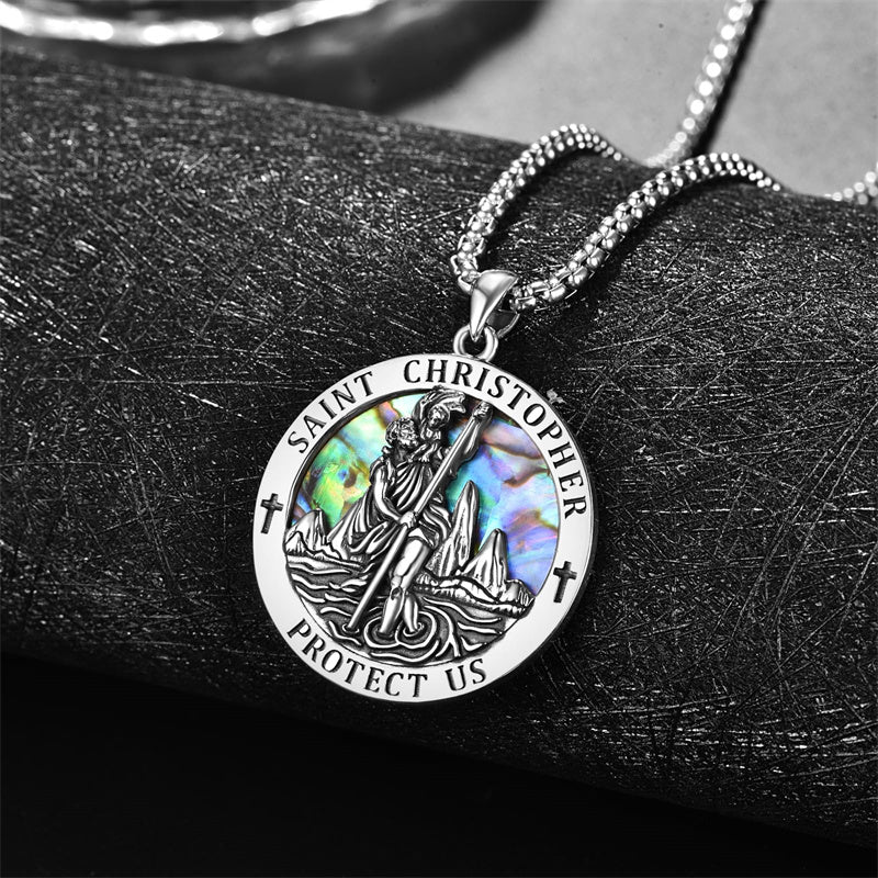 Sterling Silver Saint Michael Saint Christopher Amulet Pendant Necklace for Men