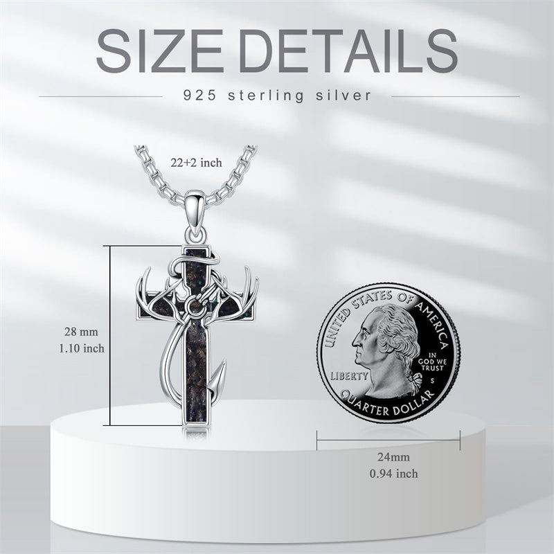 Sterling Silver Fish Hook Cross Pendant Necklace for Men