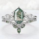 Sterling Silver 10K 14K 18K Gold  Personalized  Engraved Natural Moss Agate Engagement Bridal Wedding Ring Set