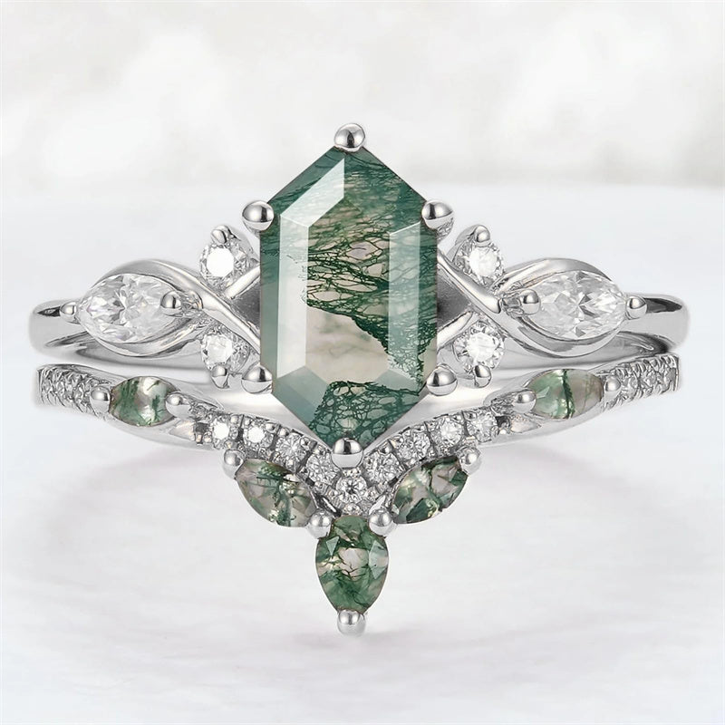 Sterling Silver 10K 14K 18K Gold  Personalized  Engraved Natural Moss Agate Engagement Bridal Wedding Ring Set