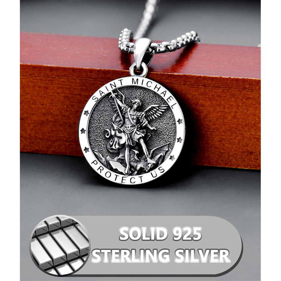 Sterling Silver St Michael St Christopher Pendant Necklace for Men