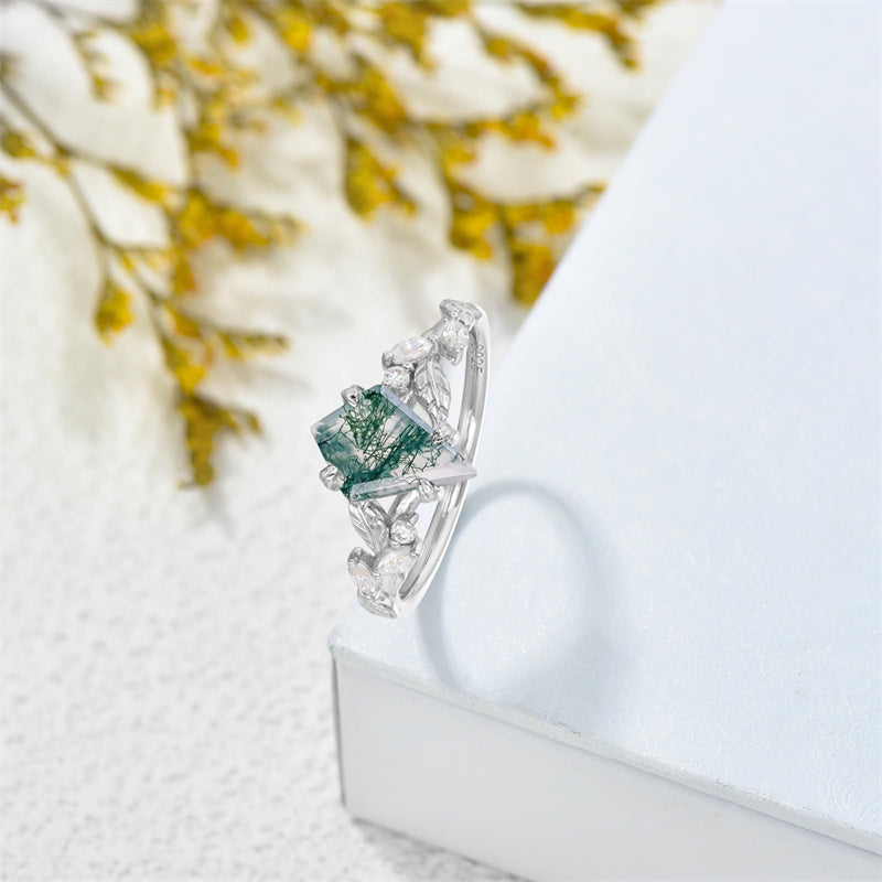 Sterling Silver 10K 14K 18K 2CT Natural Moss Agate Leaf Engagement Wedding Promise Rings Set