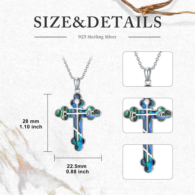 Sterling Silver  Abalone Shell Eastern Orthodox Cross Religious Pendant Necklace