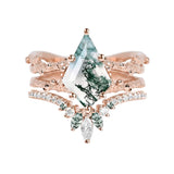 Sterling Silver Personalized Engraved  Kite Cut Moss Agate Engagement Wedding Ring Set for Women