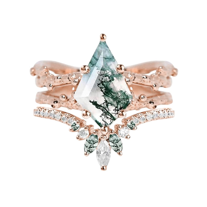 Sterling Silver Personalized Engraved  Kite Cut Moss Agate Engagement Wedding Ring Set for Women