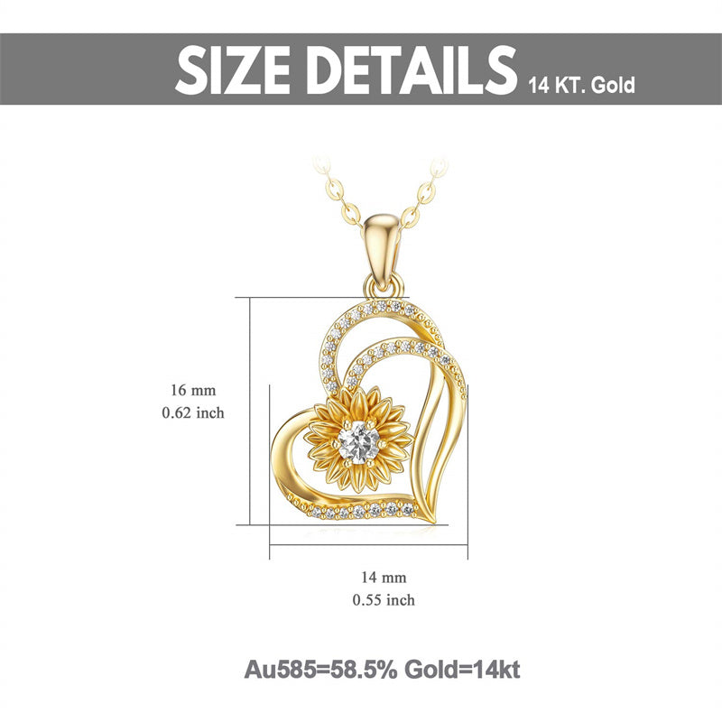 14K Gold Sunflower Heart Pendant Necklace