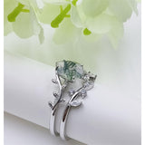 Sterling Silver Pear Kite Round Oval Cut Natural Moss Agate Leaf Engagement Wedding Promise Ring Set