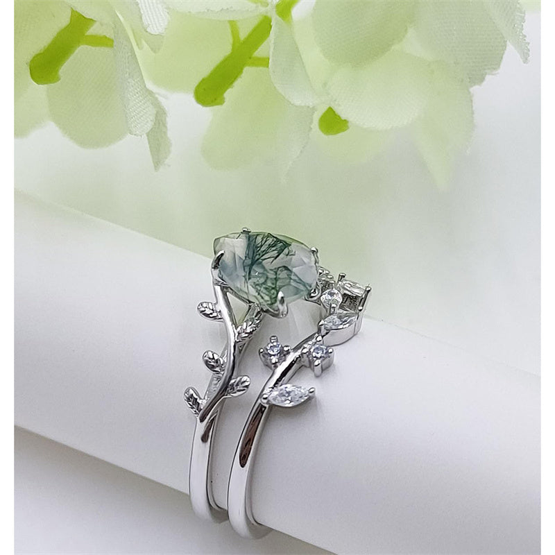 Sterling Silver Pear Kite Round Oval Cut Natural Moss Agate Leaf Engagement Wedding Promise Ring Set