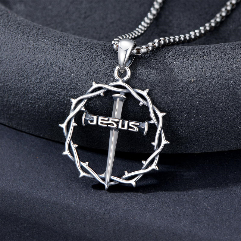 Sterling Silver Crown of Thorns Crucifix Cross Pendant Necklace for Men